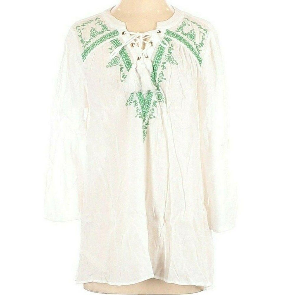 New Directions S Top Small Embroidered Boho Tassel Womens